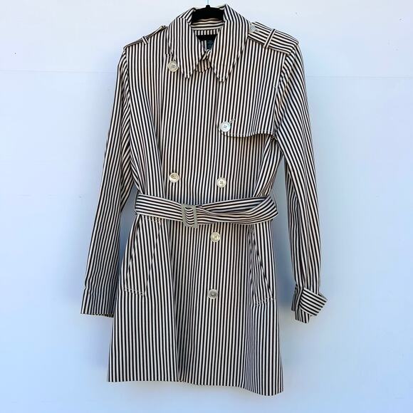 Vintage Ralph Lauren Pinstripe Brown Neutral Belted Trench Coat Large Preppy - Picture 2 of 12
